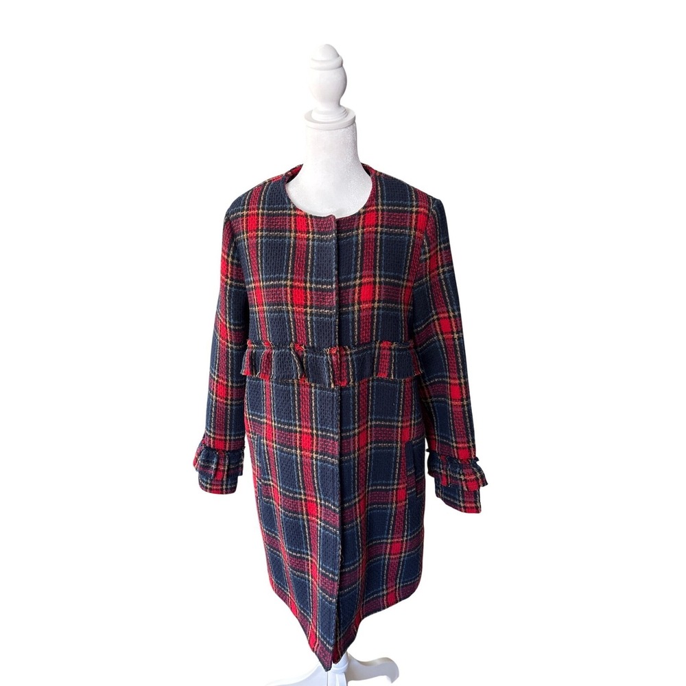 Women's Plaid Coat Red Navy Checkered Long Jacket Ruffle Trim Front Open Style L